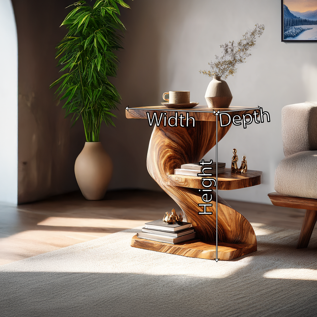Sculptural Solid Wood Z Side Table with Shelves