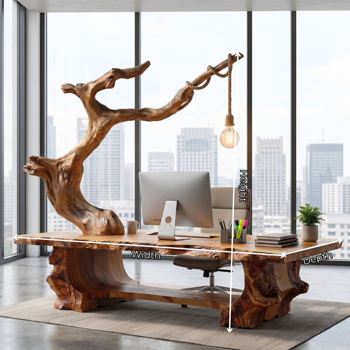 Solid Wood Sculptural Desk With Integrated Hanging Lamp Organic Modern Artistic Workspace Table