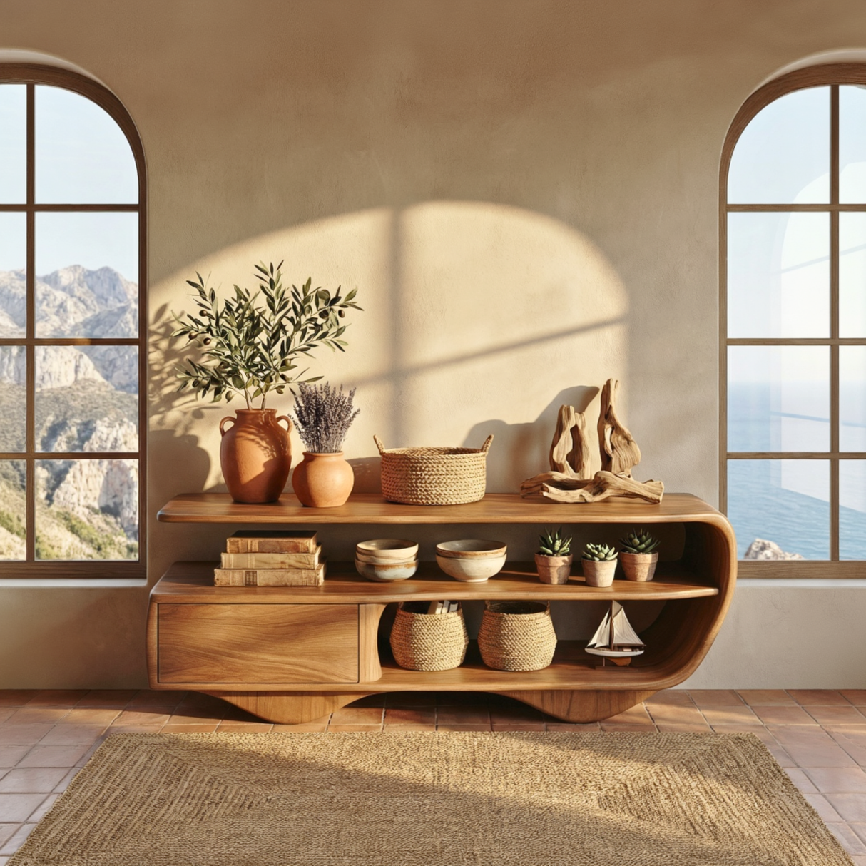 Sculptural Solid Wood Sideboard with Open Shelving and Drawer