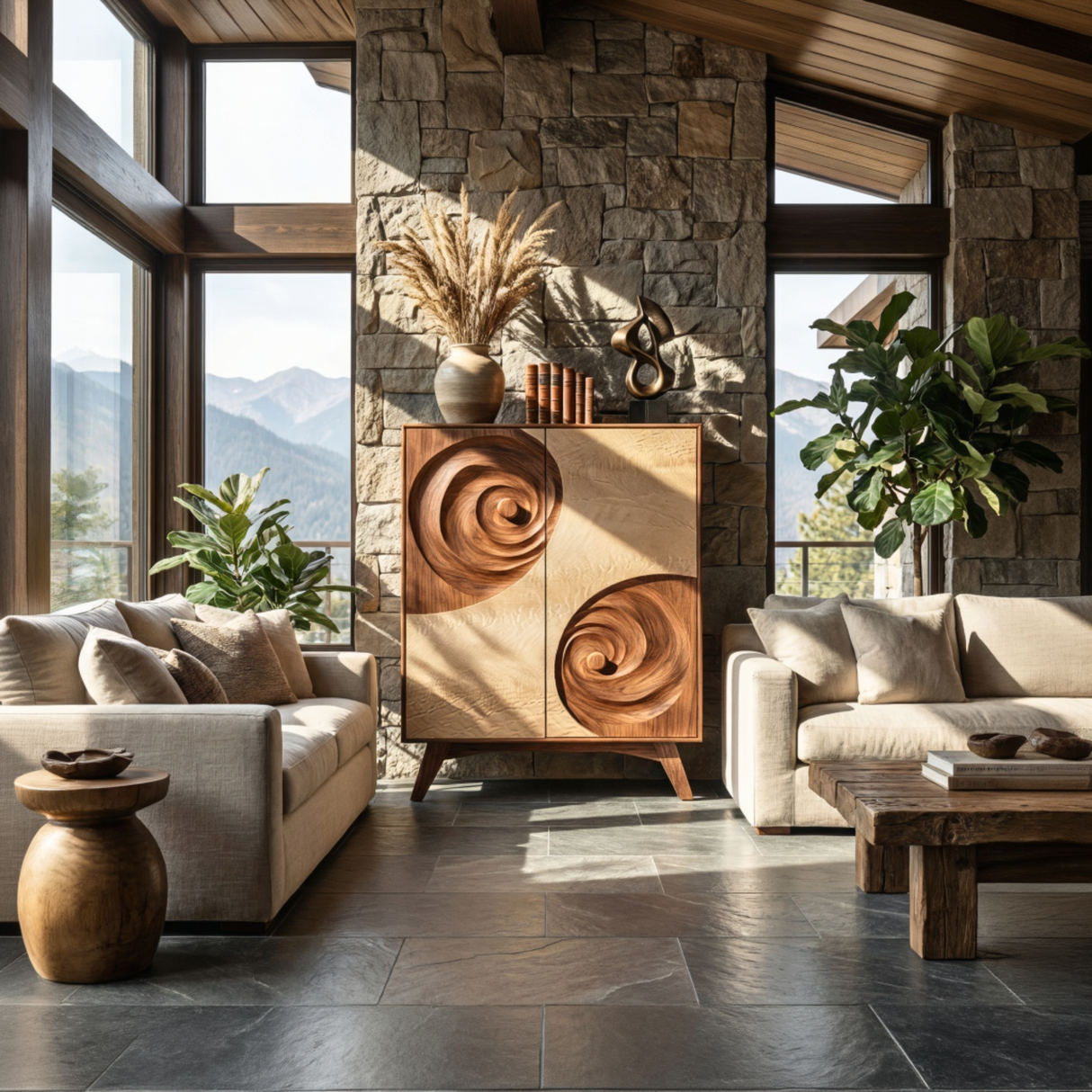 Solid Wood Sculptural Cabinet with Spiral Carved Relief Doors for Modern Interiors