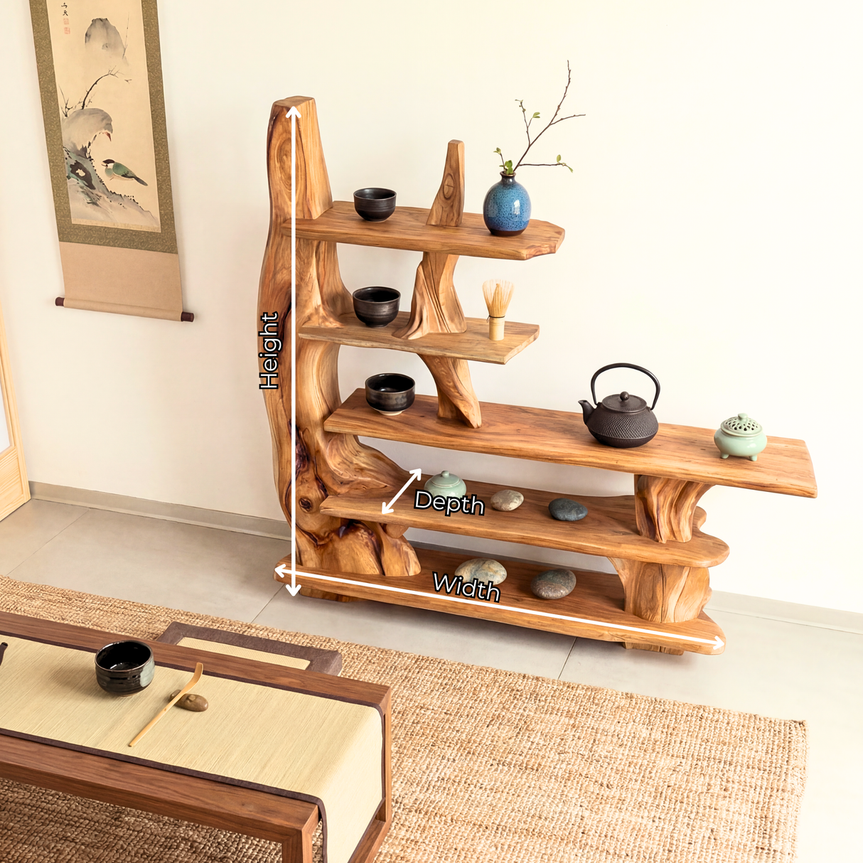 Organic Sculptural Solid Wood Console Table with Multi Tier Display Shelves Artistic Freeform Entryway Table