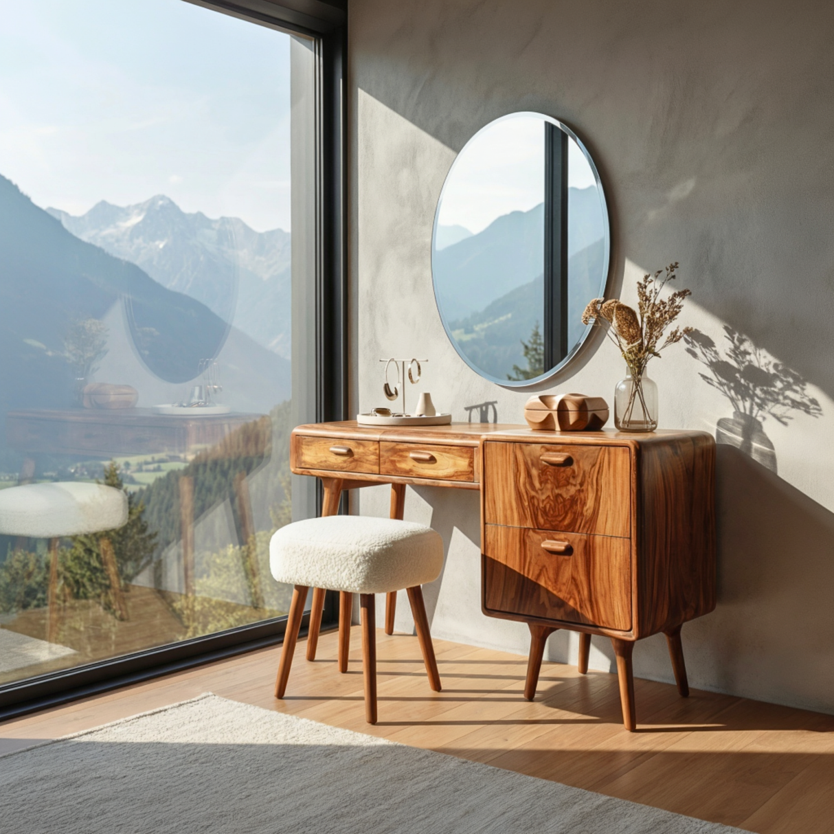 Wood Vanity Table with Side Storage Drawers, Mid Century Modern Dressing Table for Bedroom