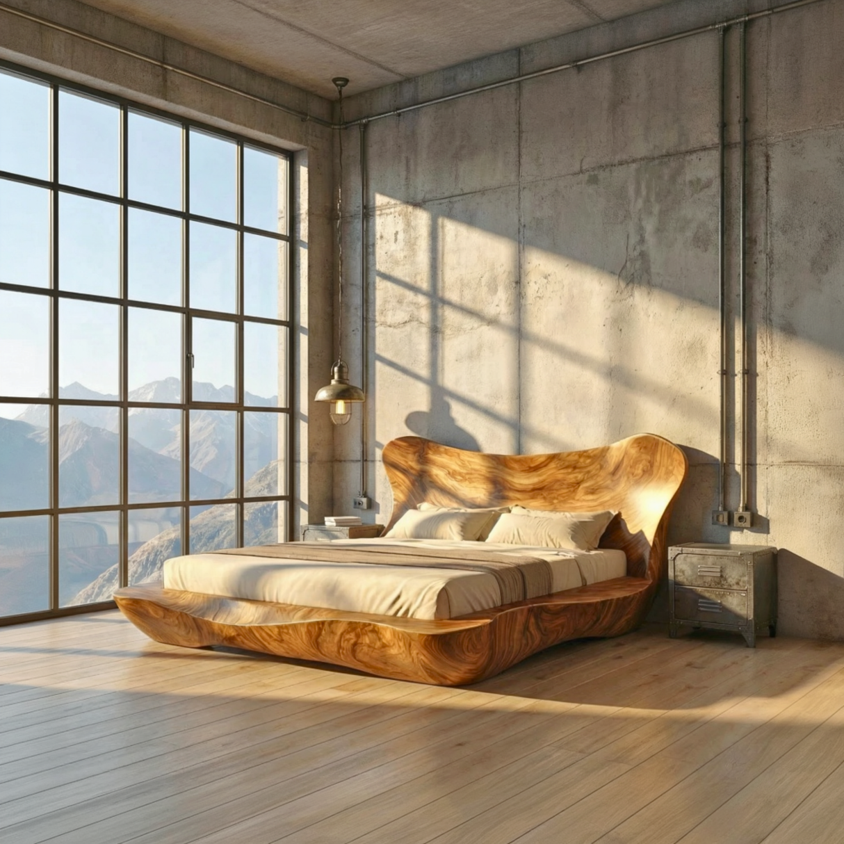 Sculptural Solid Wood Bed Frame with Curved Headboard for Modern Bedroom