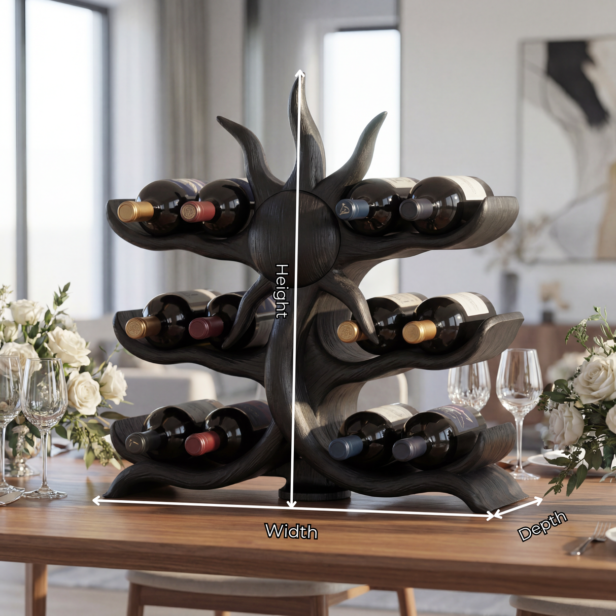 Sunburst Sculptural Solid Wood Wine Rack Bottle Holder Artistic Tabletop Display
