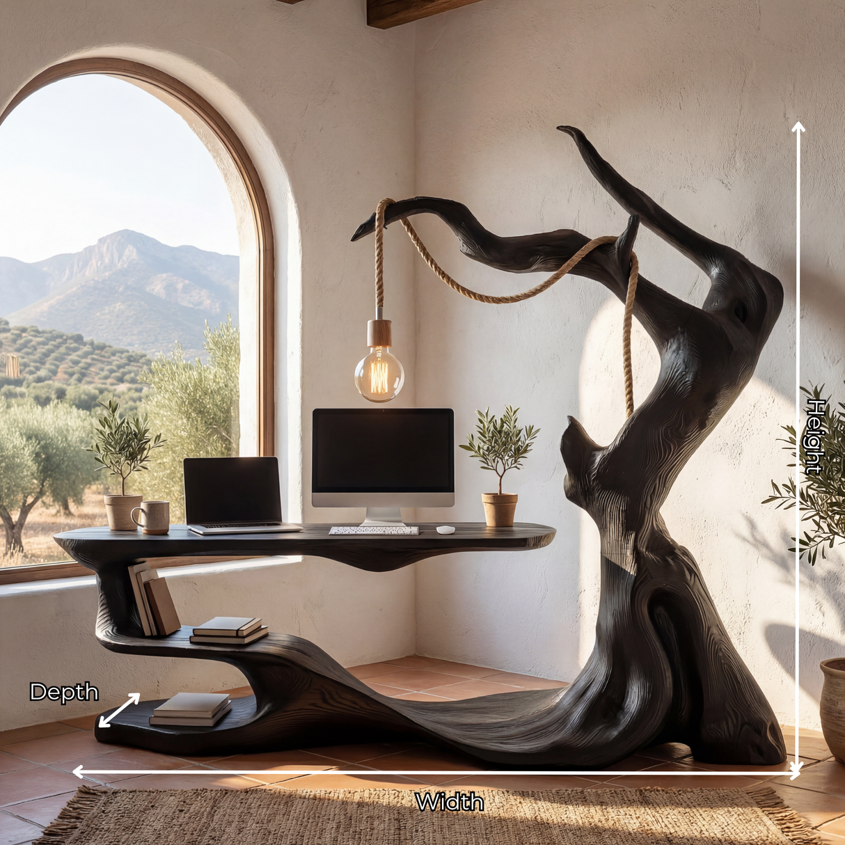 Sculptural Wood Reading Table with Integrated Hanging Lamp