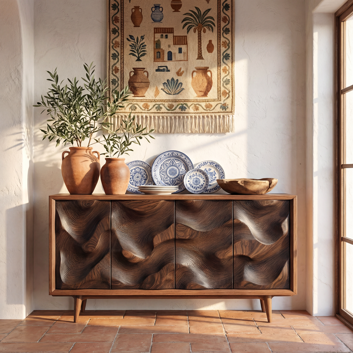 Carved Wave Front Solid Wood Sideboard Cabinet for Living and Dining