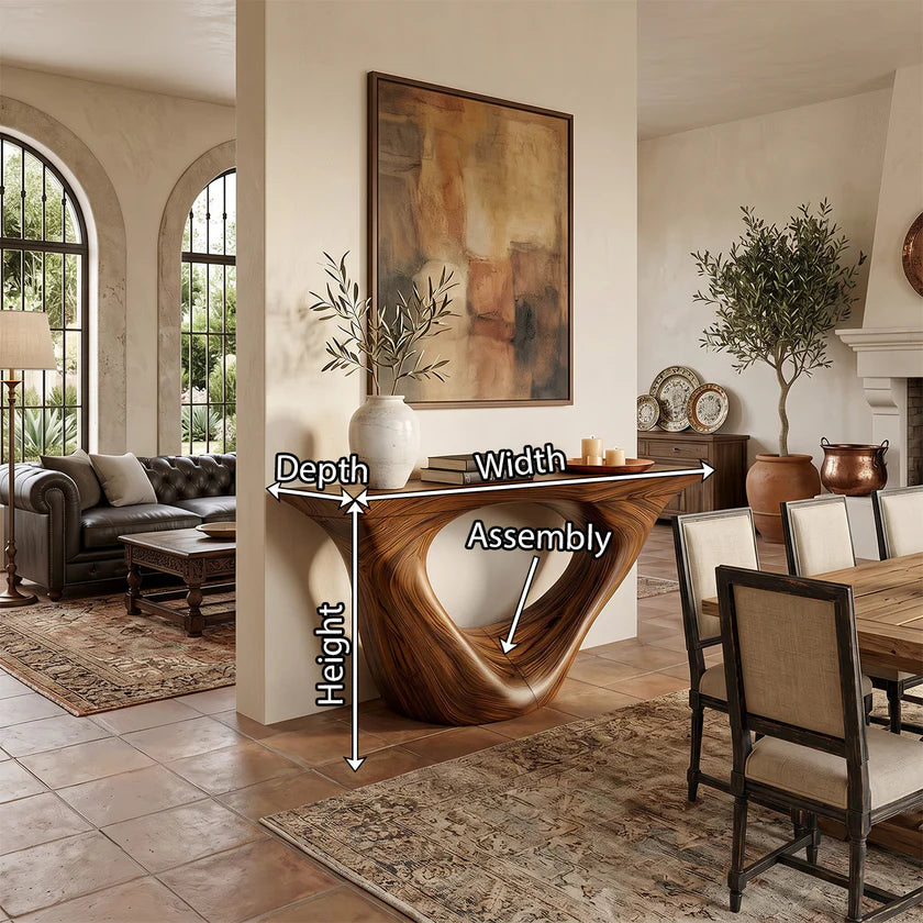 Organic Sculpted Solid Wood Console Table with Architectural Base