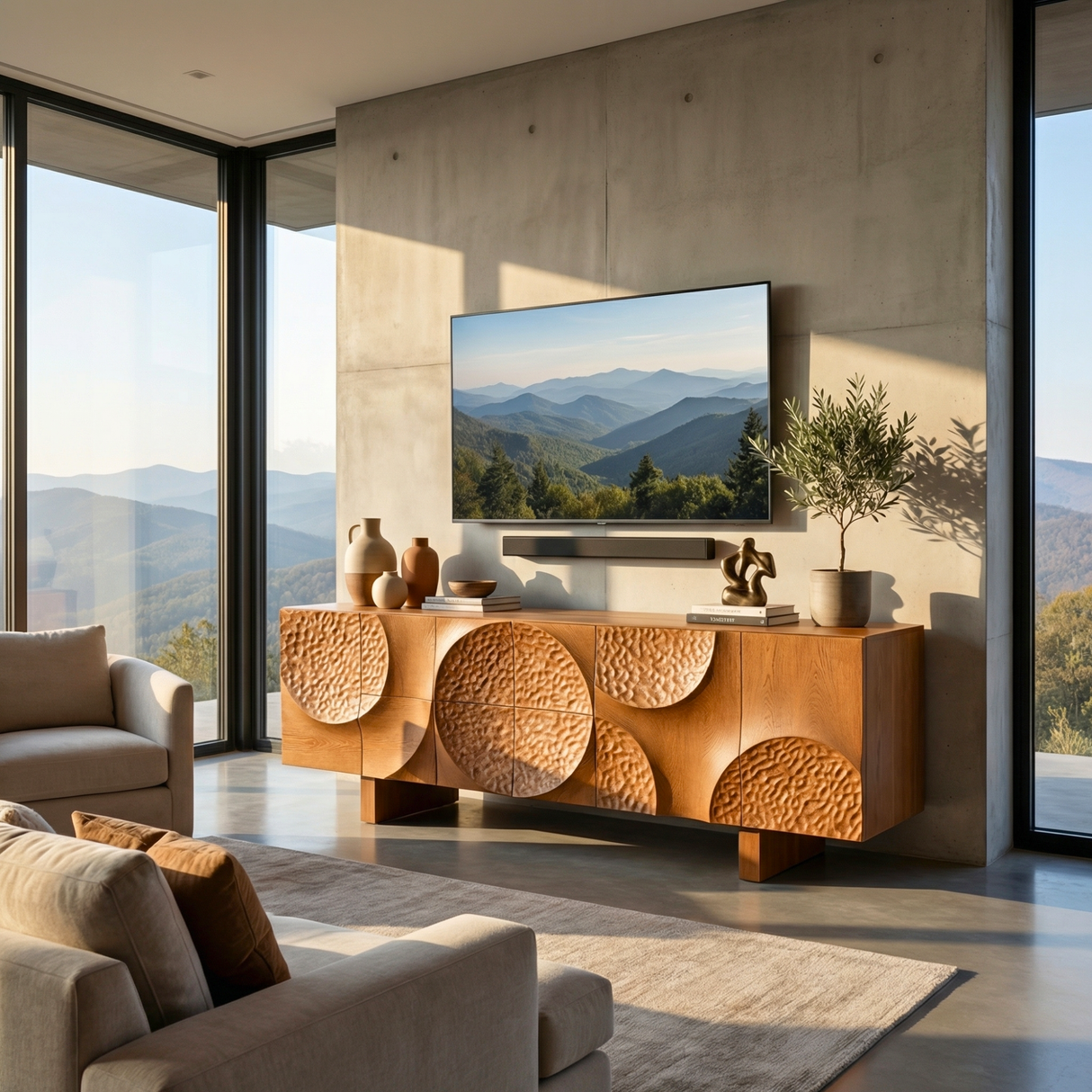 Solid Wood TV Cabinet with Sculptural Carved Doors for Organic Modern Interiors