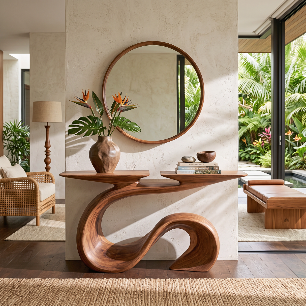 Organic Solid Wood Console Table with Sculptural Wave Base and Flowing S Curve Design