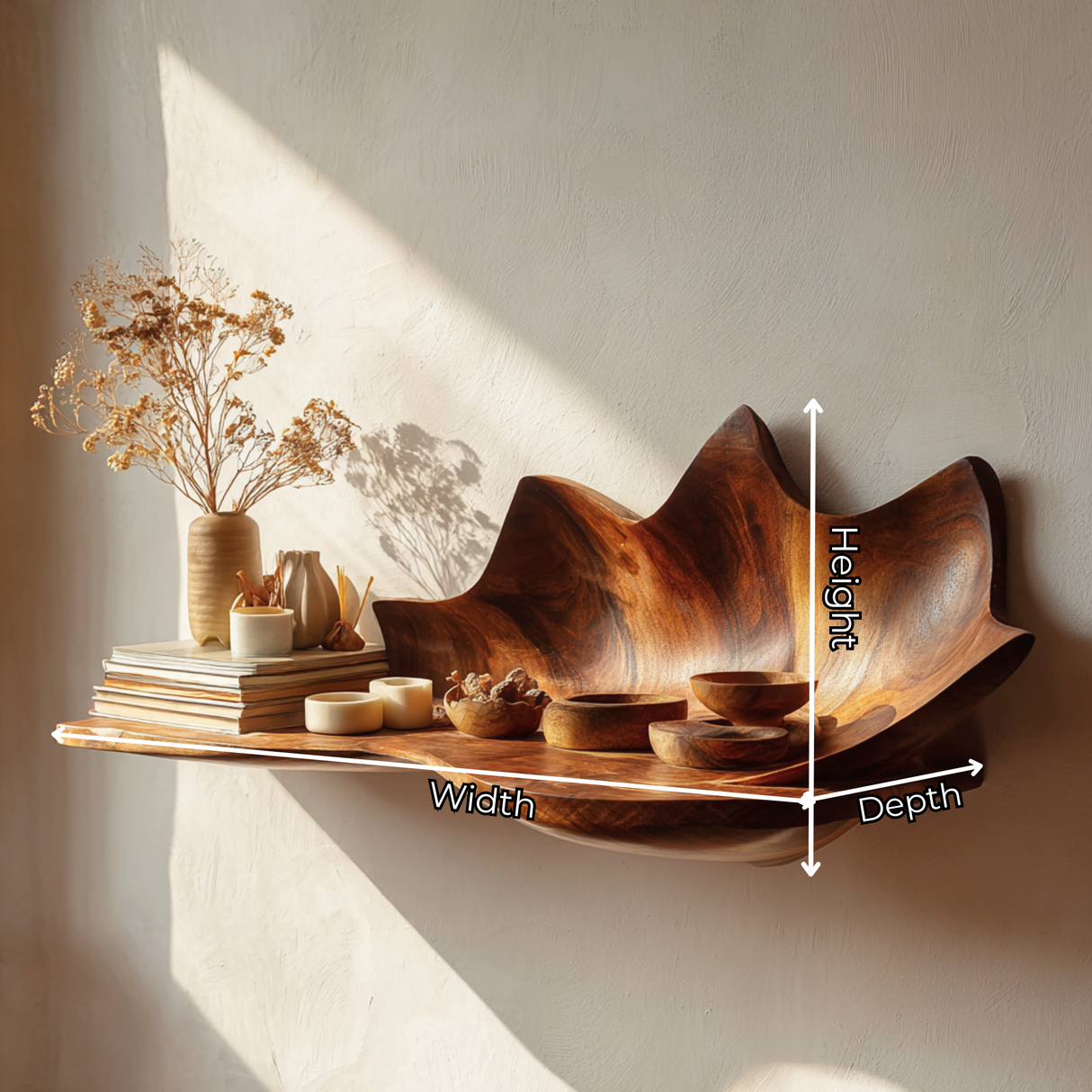 Handcrafted Solid Wood Sculpted Leaf Wall Shelf with Curved Display Tray