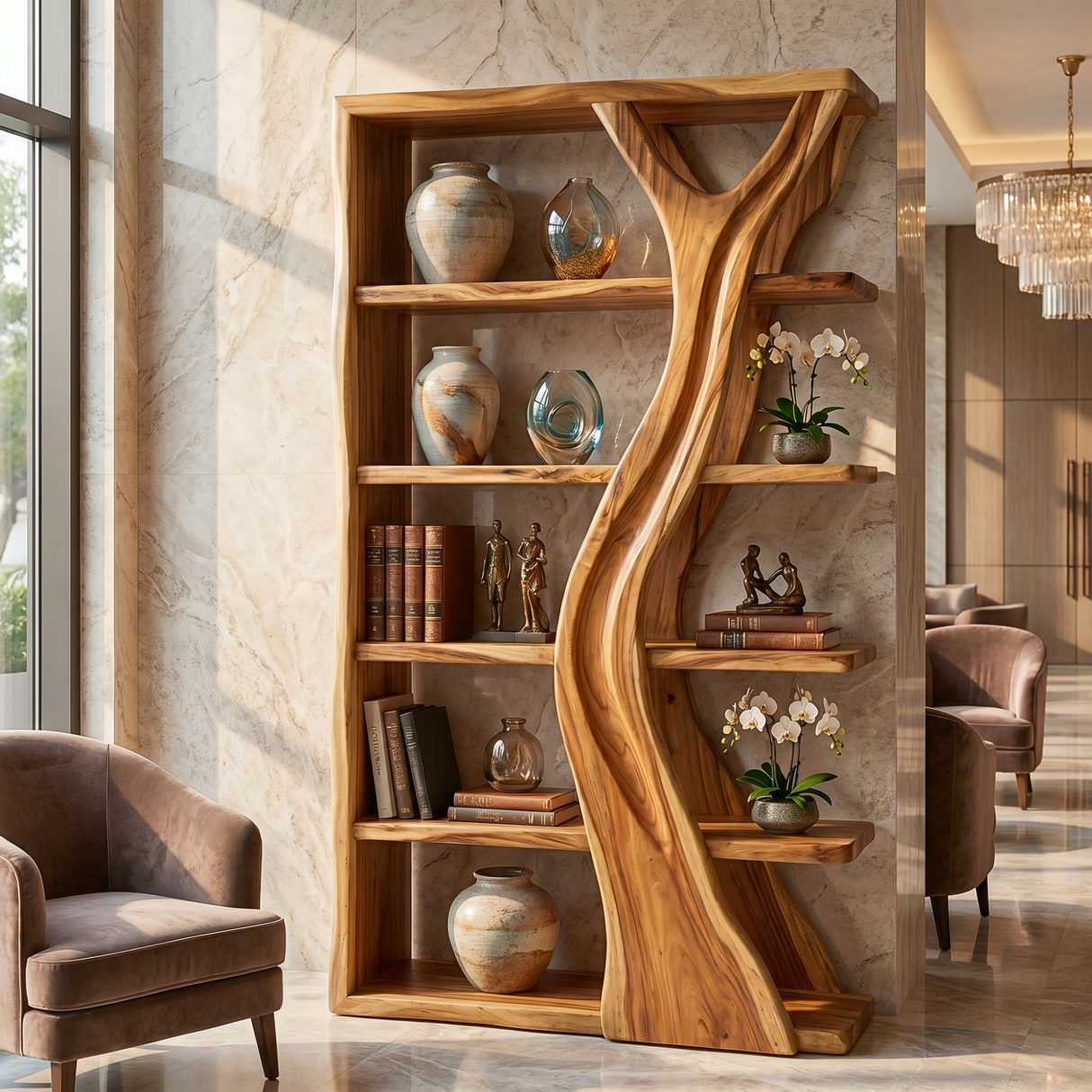 Handcrafted Solid Wood Tree Inspired Bookshelf for Organic Modern Interiors