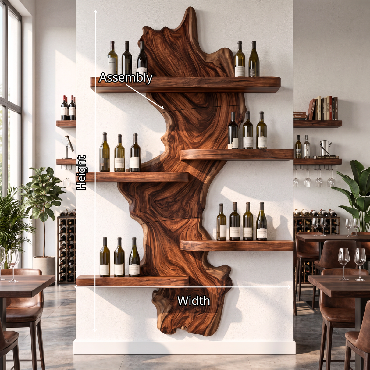 Wall Mounted Wine Rack Solid Wood with Sculptural Live Edge Center and Display Shelves