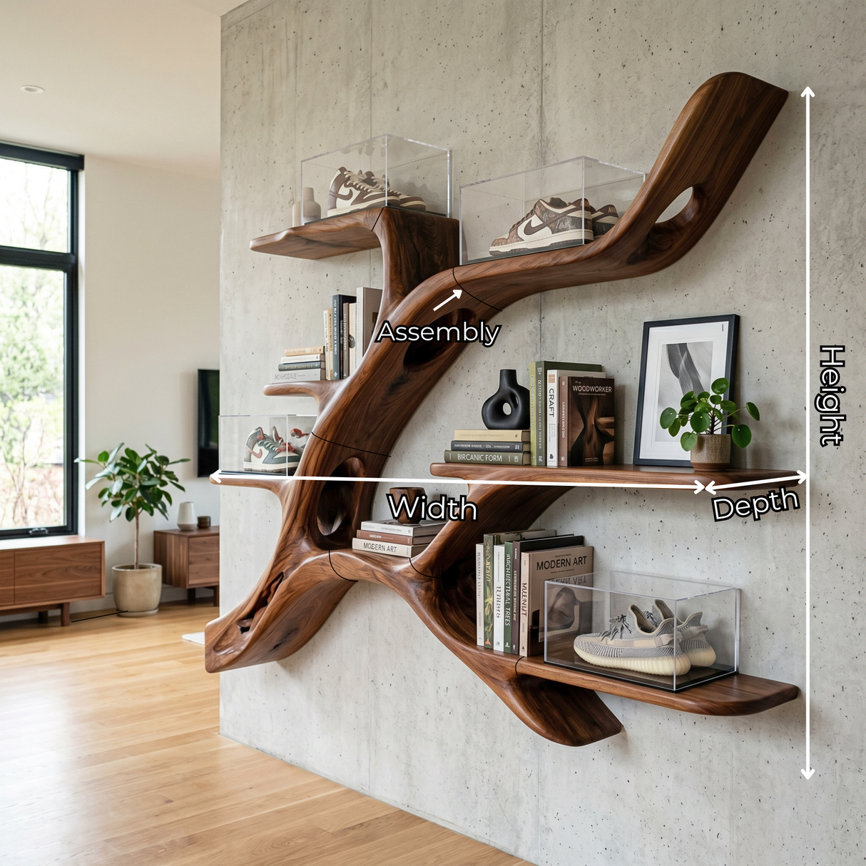 Organic Solid Wood Wall Shelf with Branch Inspired Display Design