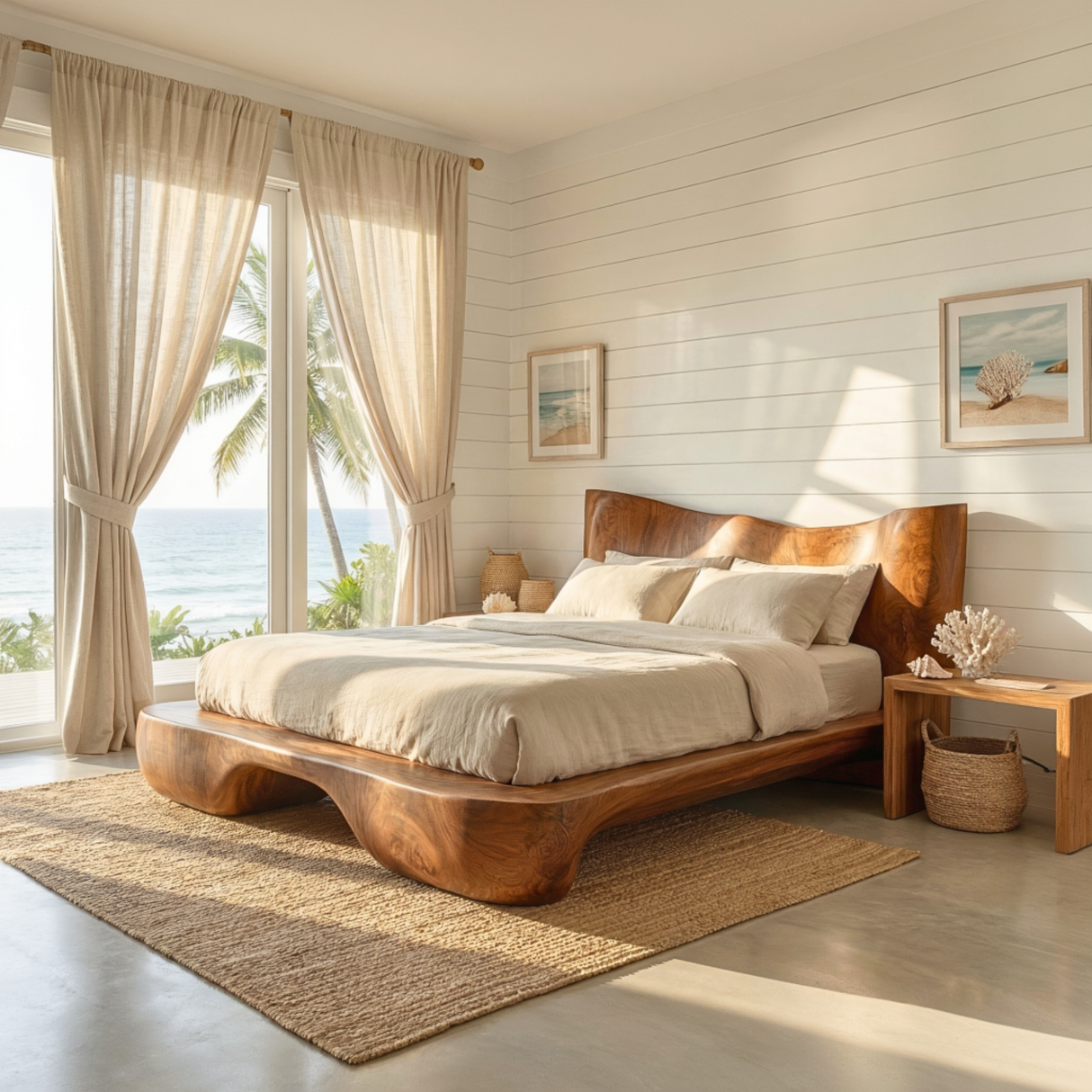 Organic Curve Solid Wood Bed with Artistic Headboard