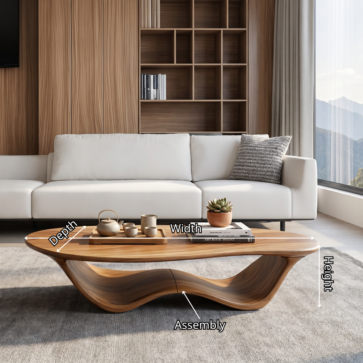 Coffee Table Solid Wood with Flowing Wave Sculptural Base for Living Room
