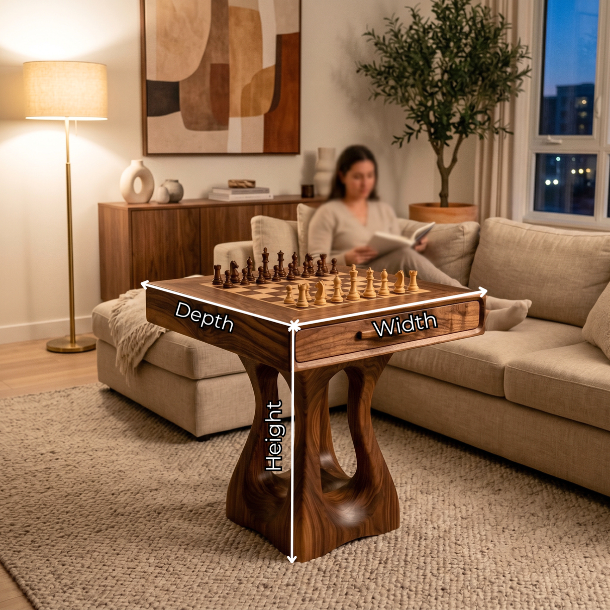 Handcrafted Solid Wood Chess Table with Drawer and Carved Pedestal Base