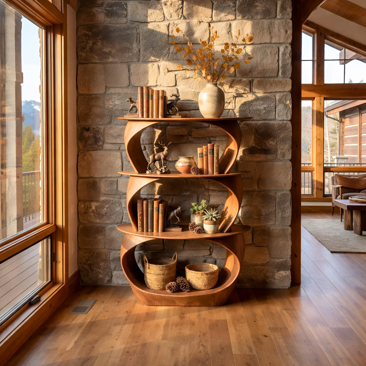Stacked Loop Wood Display Shelf with Three Tier Open Shelving
