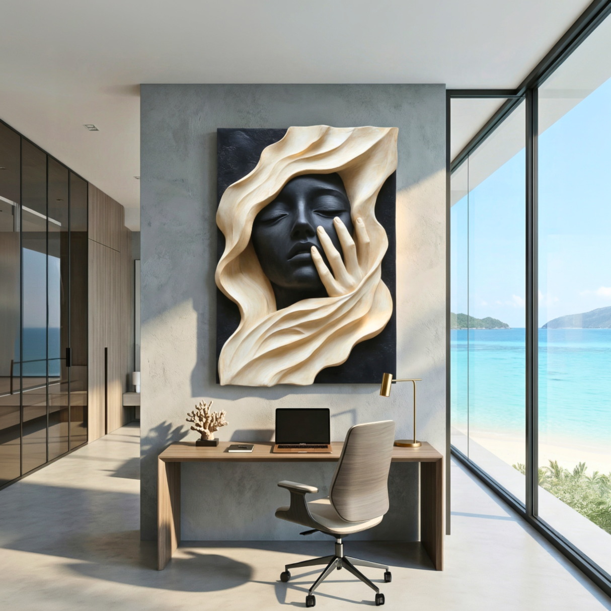 Handcrafted Solid Wood Wall Art with Abstract Female Face Relief for Modern Interiors