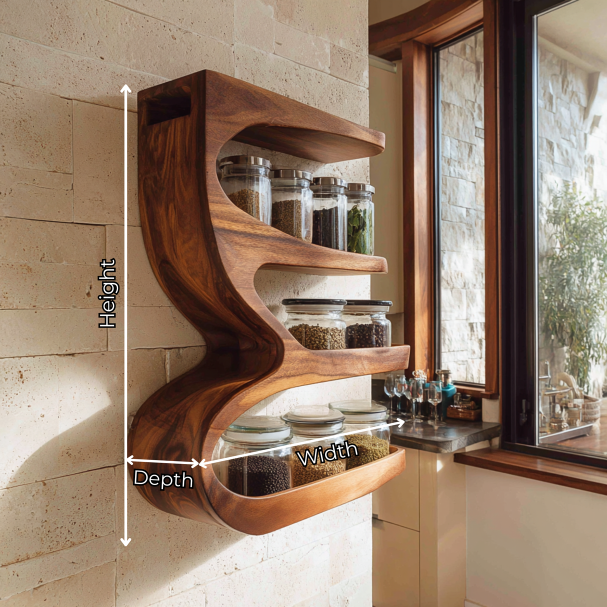 Solid Wood S Curve Wall Spice Rack with Three Open Kitchen Shelves