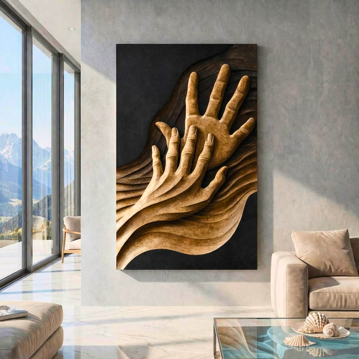 Handcrafted Solid Wood Wall Sculpture with Intertwined Hands and Flowing Grain Waves