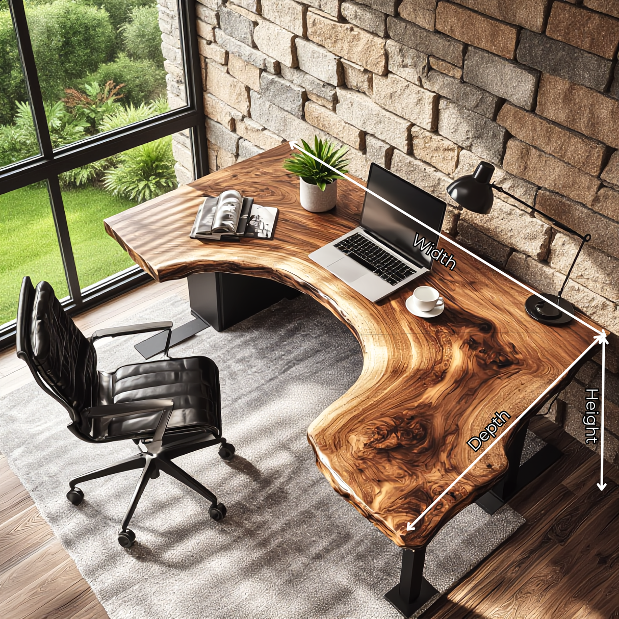 Live Edge Solid Wood Corner Desk with Sculptural Cutout Design