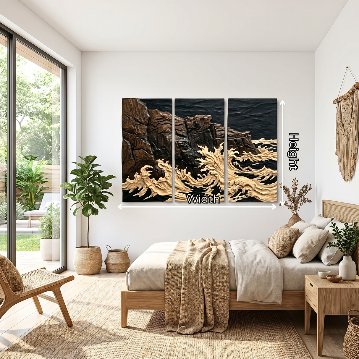 Hand-Carved Wood Triptych Wall Art with Ocean Wave Relief and Rocky Coast Design