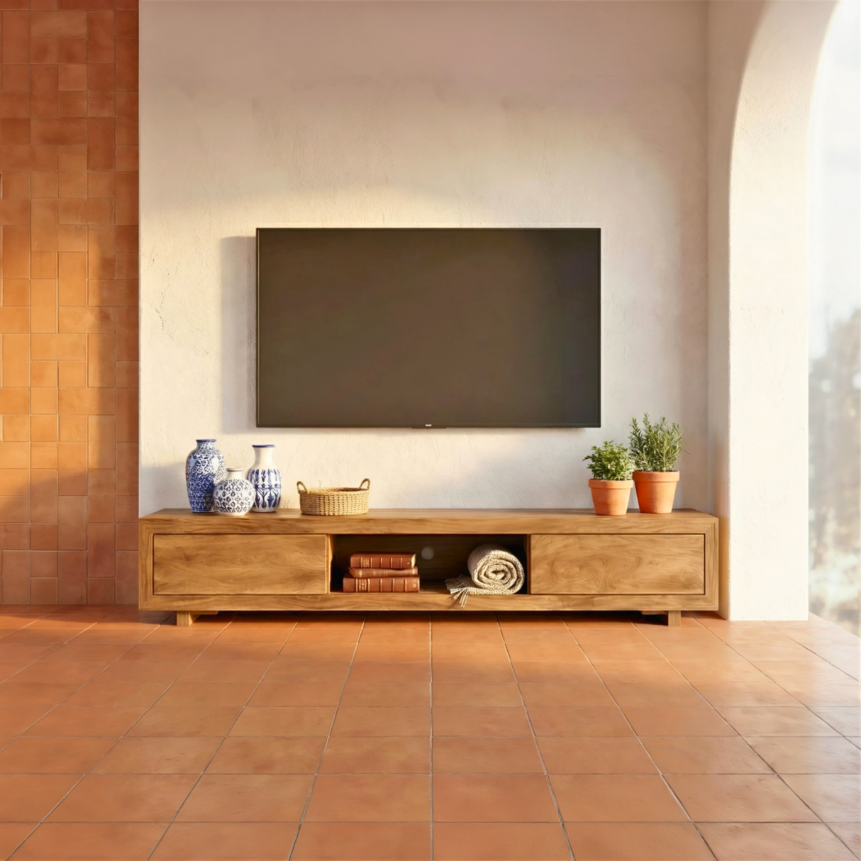 Solid Wood Low Profile TV Cabinet with Open Center Shelf