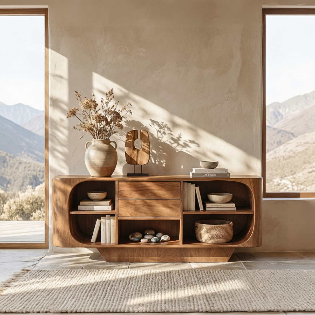 Sculptural Solid Wood Sideboard with Center Drawers and Rounded Open Shelves, Organic Modern Storage Cabinet