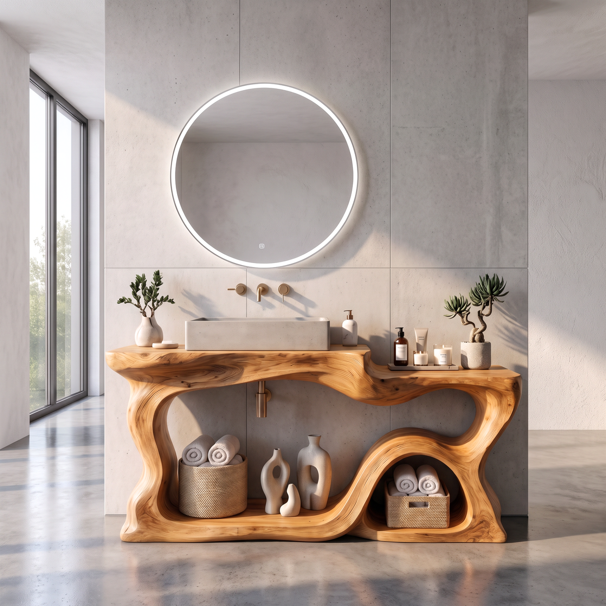 Bathroom Vanity Solid Wood with Sculptural Wave Frame and Open Storage