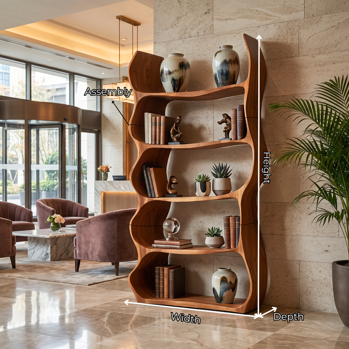 Organic Wavy Bookshelf Handmade Sculptural Wooden Display Shelf Modern Storage Unit