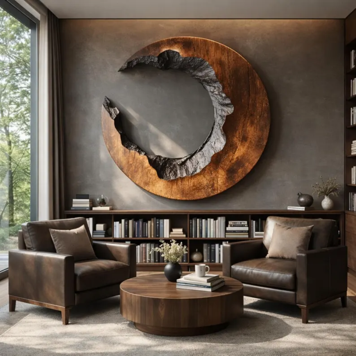 Round Wood Wall Sculpture with Open Center and Raw Carved Edge