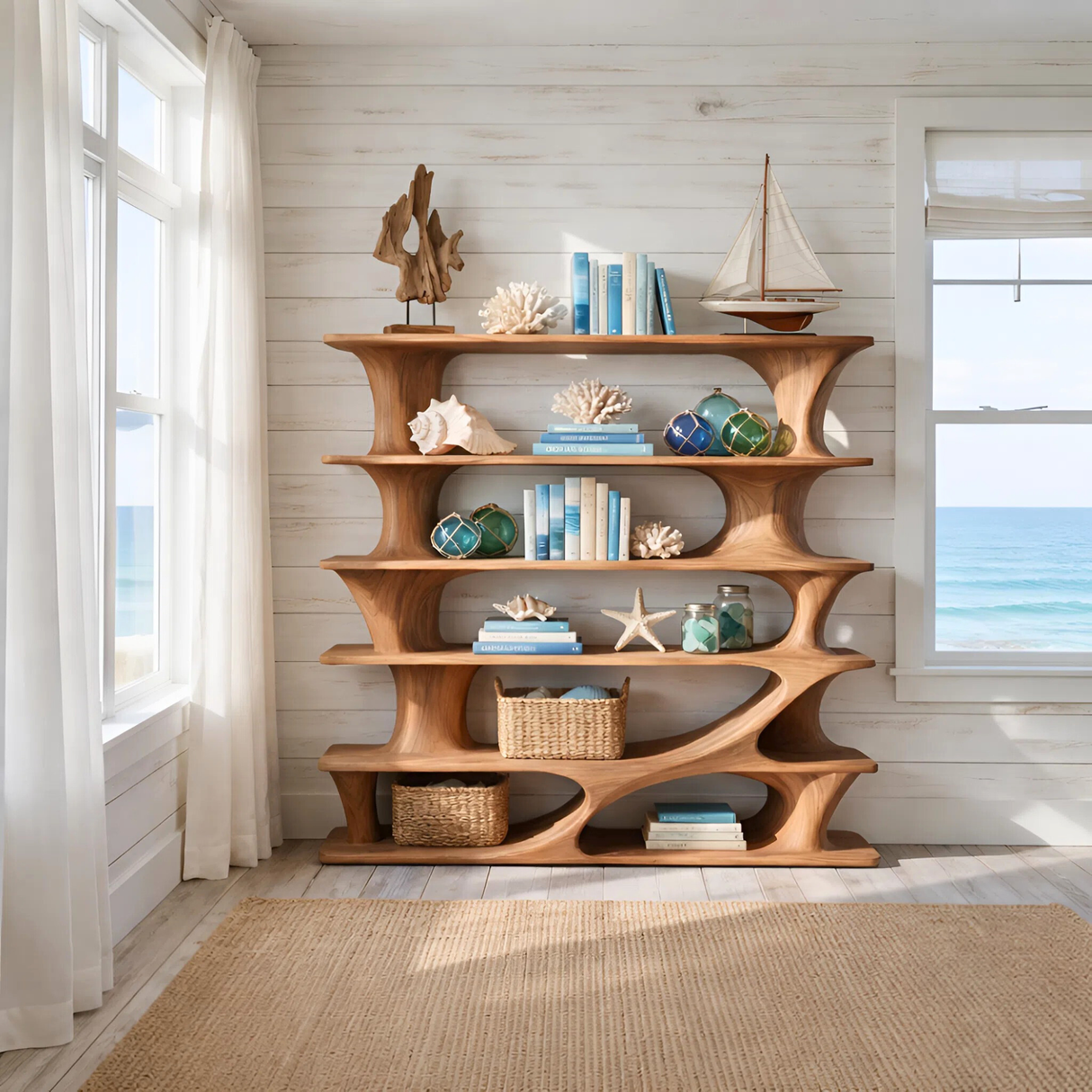 Architectural Tiered Wood Bookcase with Flowing Open Shelves