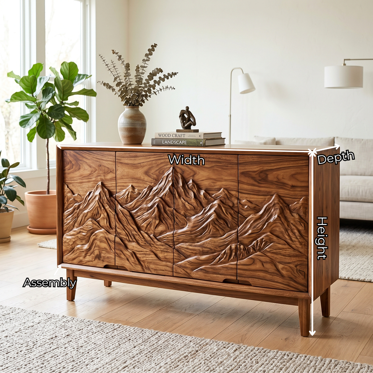 Organic Solid Wood Mountain Relief Sideboard Cabinet