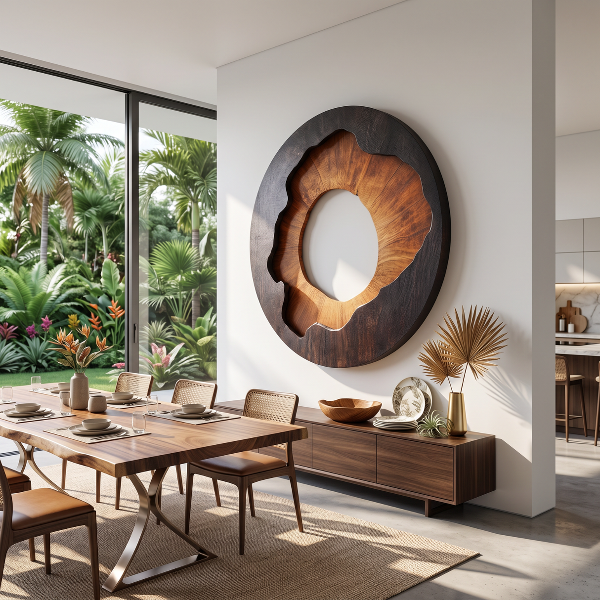 Solid Wood Round Wall Sculpture with Organic Open Center for Living Room Decor