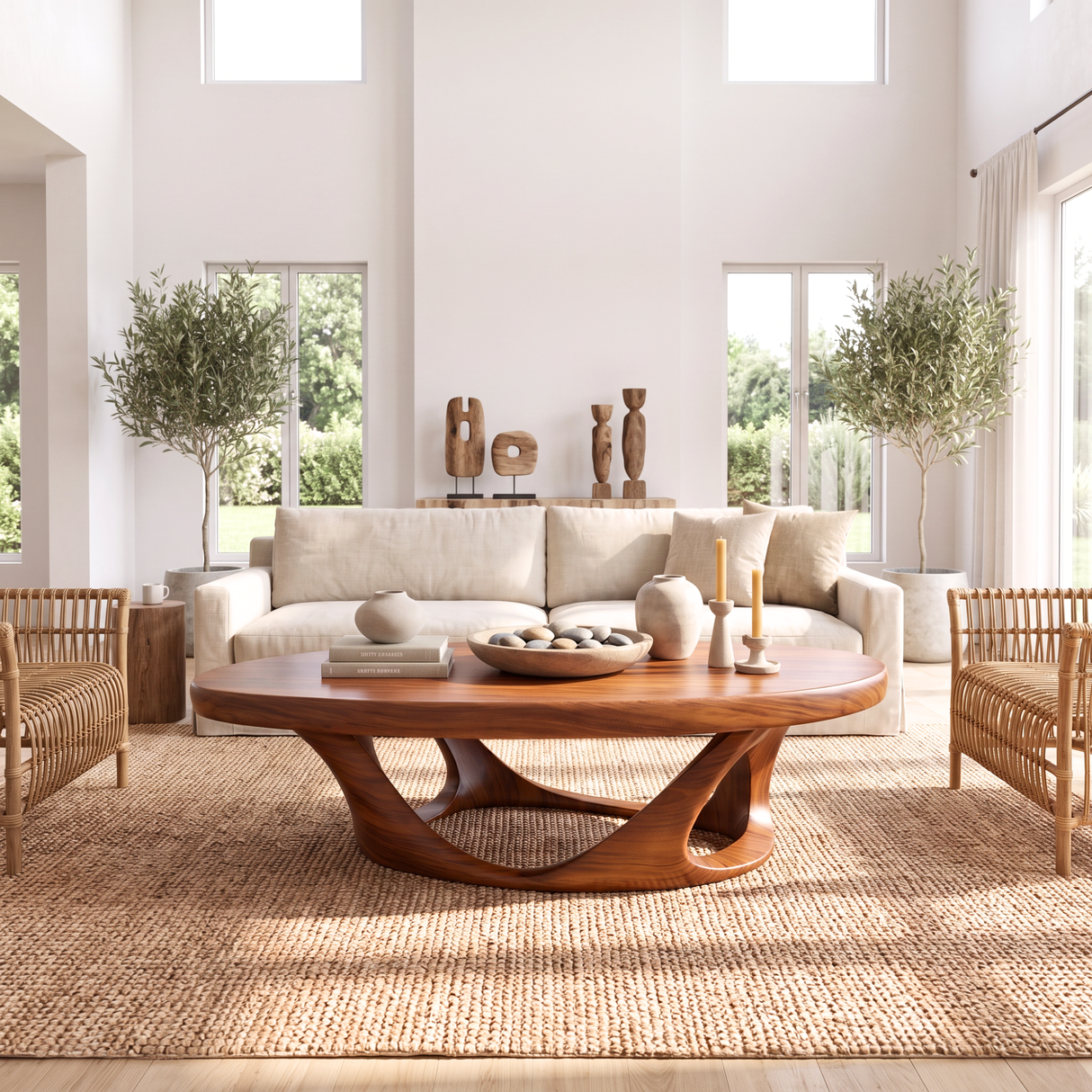 Coffee Table Solid Wood with Sculptural Interwoven Loop Base