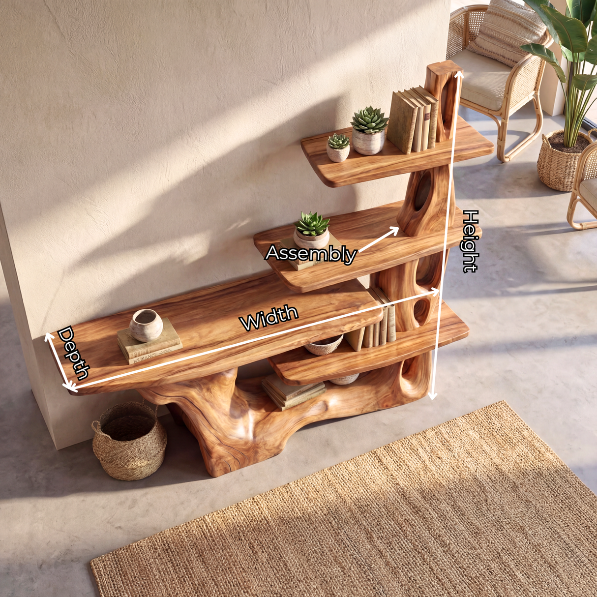 Sculptural Solid Wood Console Table with Tiered Shelving Organic Entryway Table