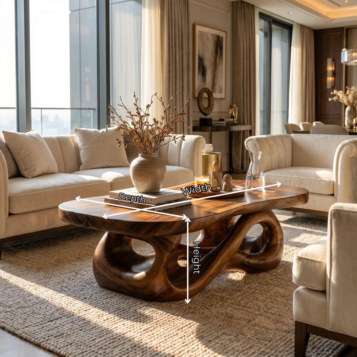 Hand-Carved Solid Wood Coffee Table with Flowing Hollow Base and Natural Slab Top