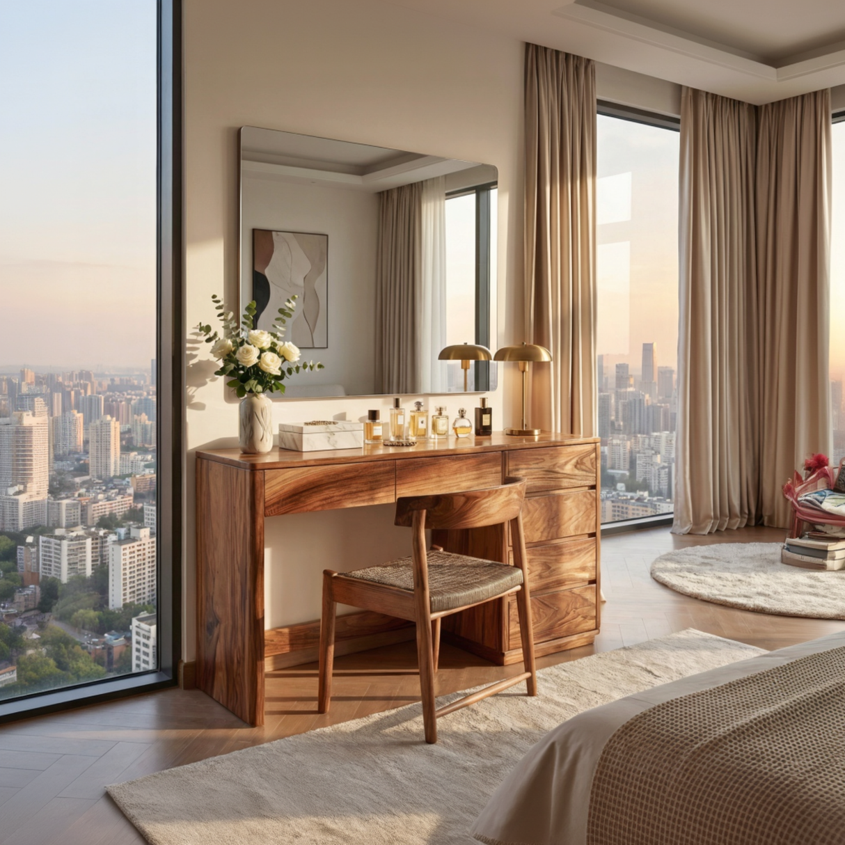 Wood Vanity Table with Side Drawers, Minimalist Dressing Table for Modern Bedrooms
