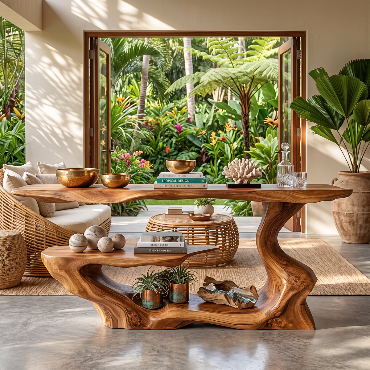 Handcrafted Solid Wood Console Table with Asymmetrical Tiered Shelves