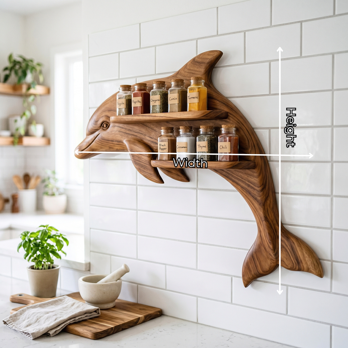 Sculptural Solid Wood Dolphin Spice Rack with Double Wall Shelves