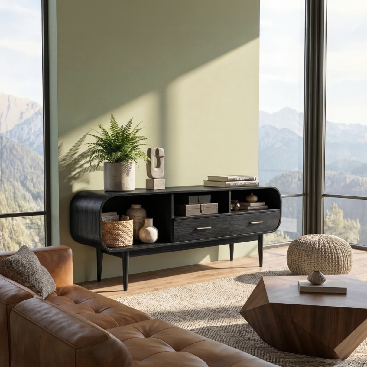 Curved Wood TV Cabinet with Drawers and Open Shelving, Mid Century Modern Media Console for Organic Modern Living Rooms