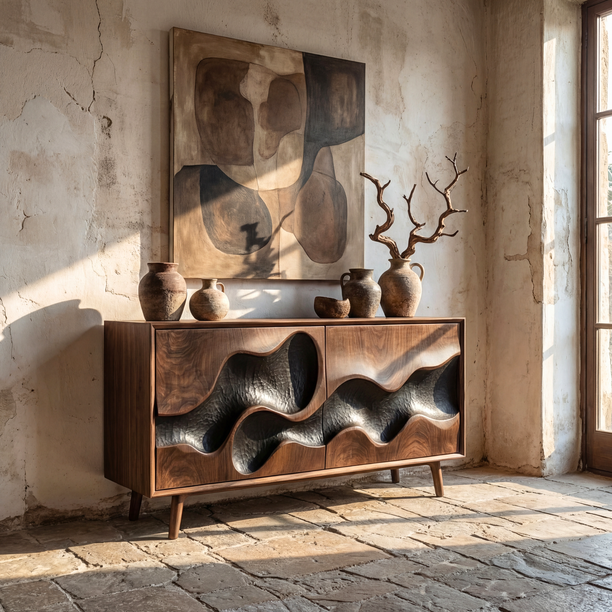 Sculpted Hollow Wave Front Wood Sideboard Cabinet for Living Room or Dining Room