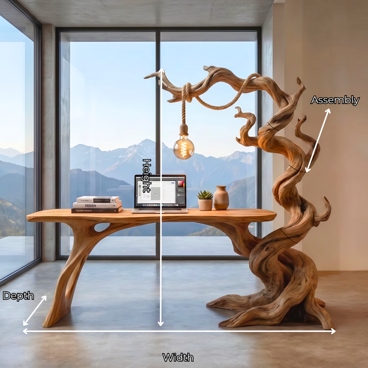 Twisted Tree Wood Desk With Hanging Lamp Organic Sculptural Office Table