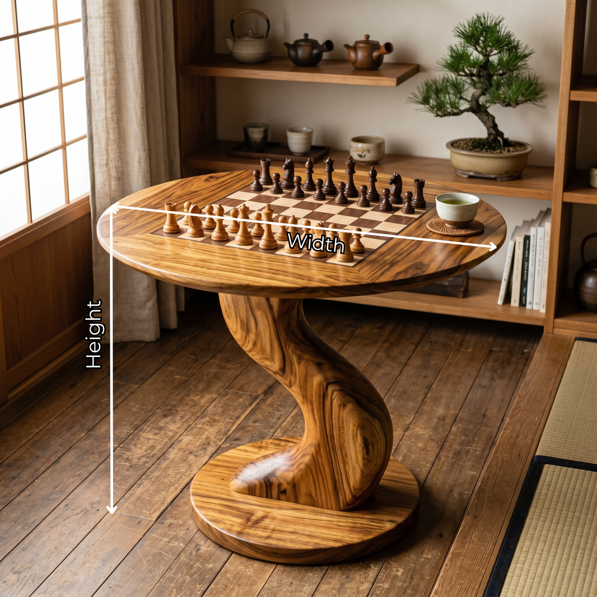 Handcrafted Round Solid Wood Chess Table with Twisted Pedestal Base