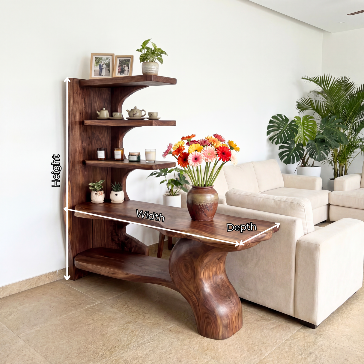 Organic Sculptural Solid Wood Console Table with Asymmetrical Shelving Artistic Freeform Console Table