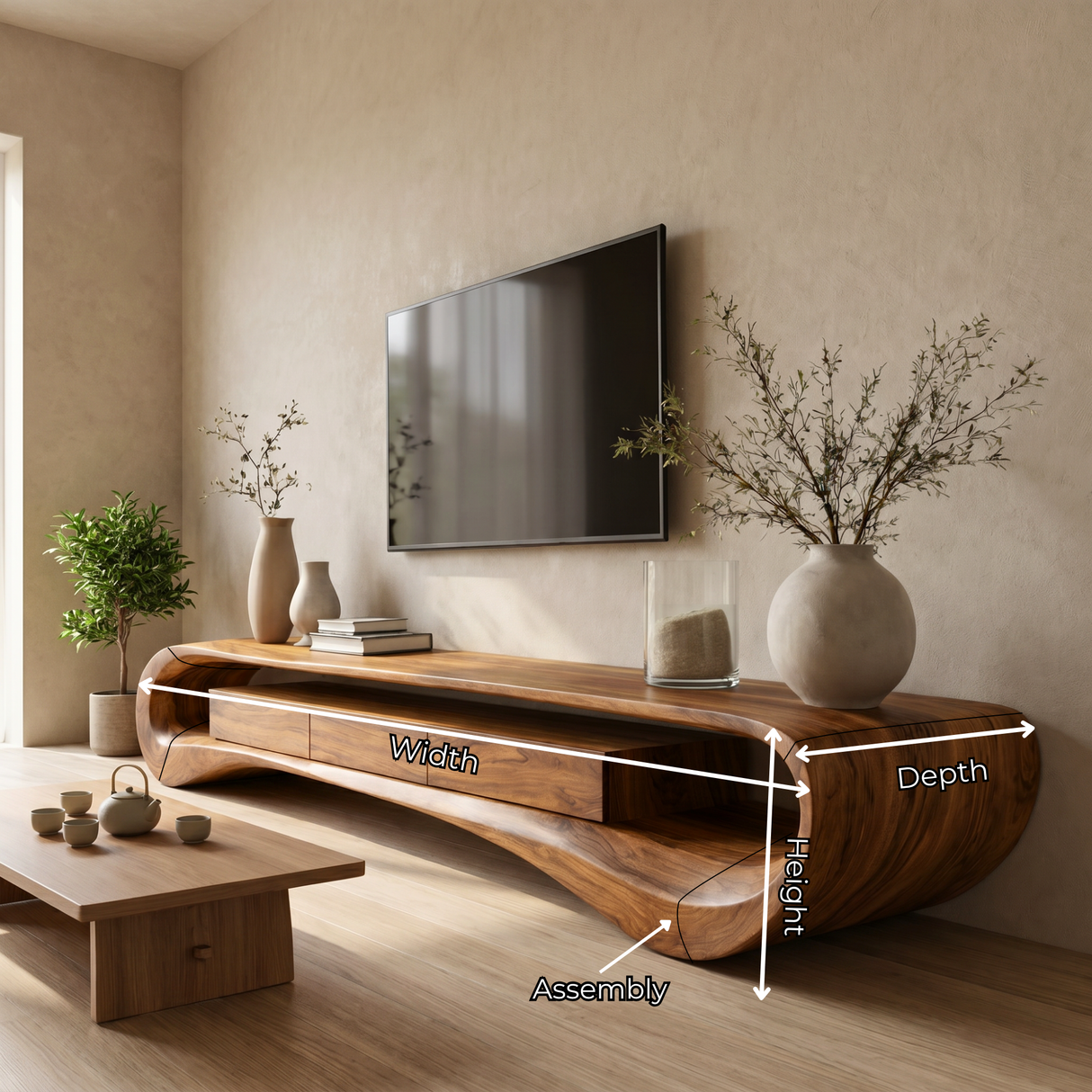 Organic Solid Wood TV Stand with Wave Frame and Storage Drawers