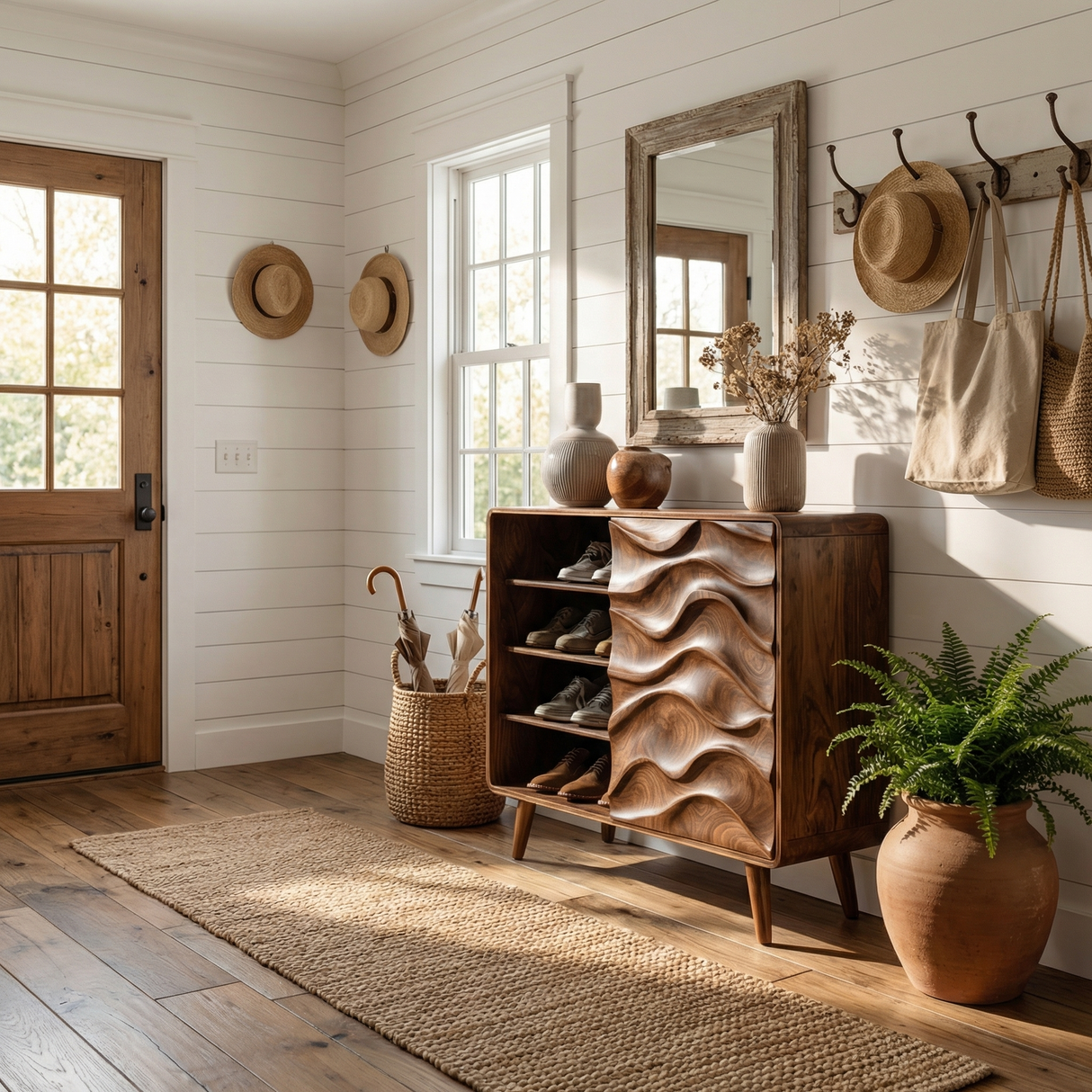 Handcrafted Solid Wood Shoe Cabinet with Wave Carved Sliding Door for Entryway