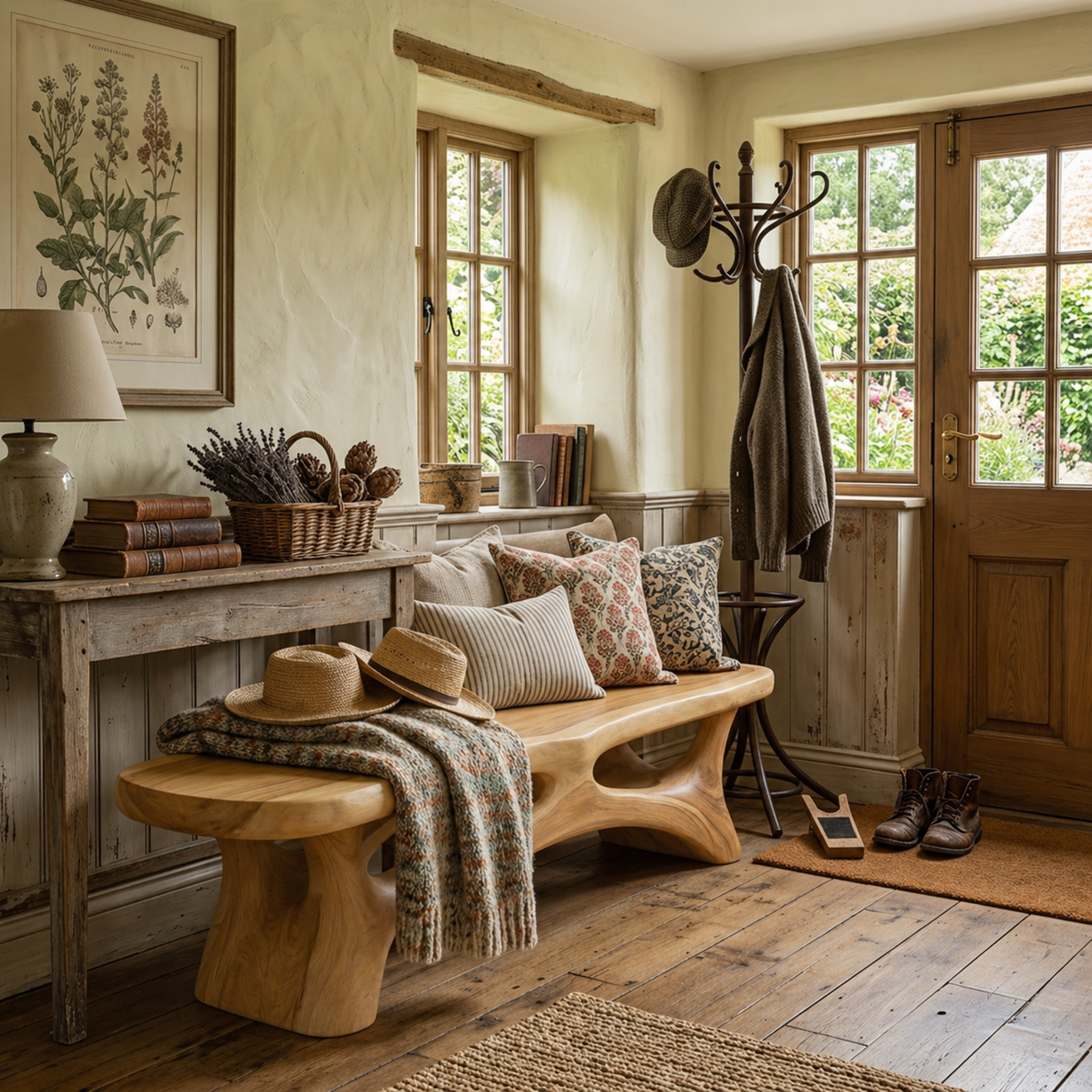 Organic Solid Wood Entryway Bench with Sculptural Open Base Design