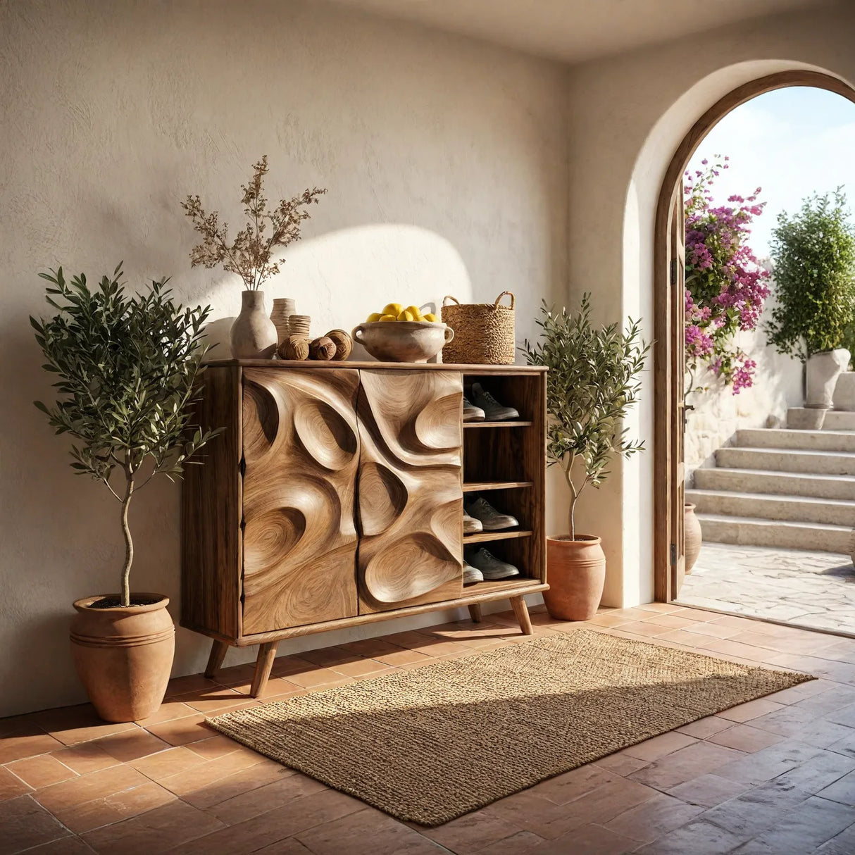 Handcrafted Solid Wood Shoe Cabinet with Sculptural Carved Doors for Entryways