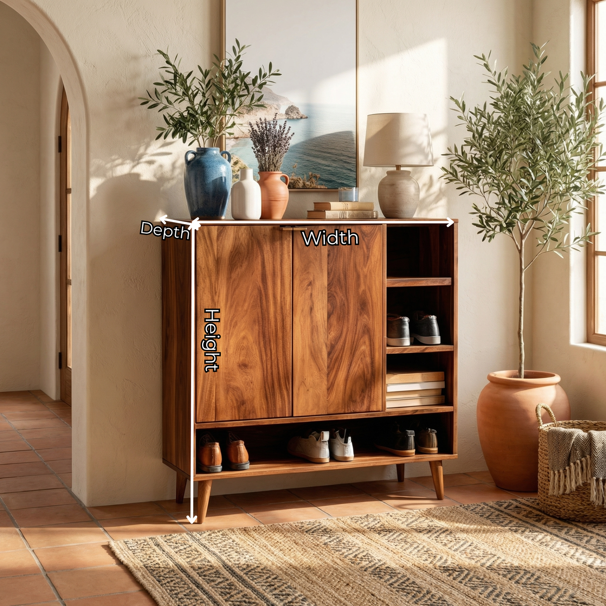 Handcrafted Solid Wood Shoe Cabinet with Double Doors and Open Side Shelf for Entryway and Hallway